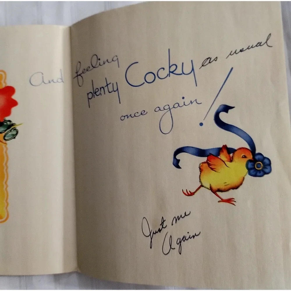 Vintage Gibson Rooster Get Well Card Real Feather Fine Linen Signed T 2201 USA